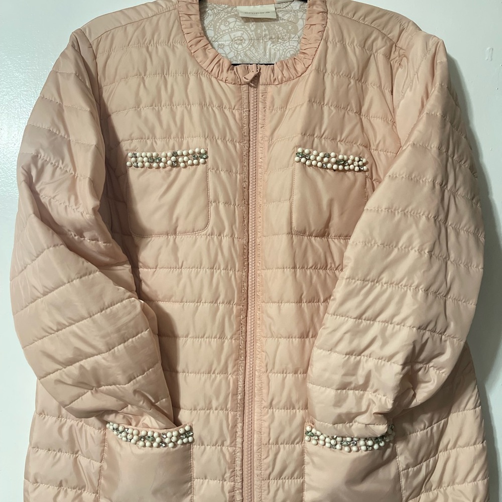 Chico's Blush Quilted Puffer Jacket with Pearl Details